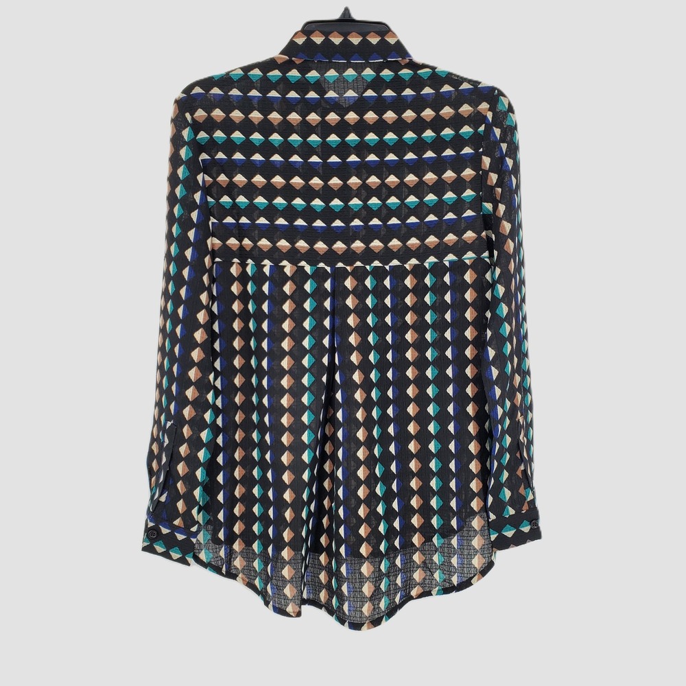 Tulip B Small Geometric Diamond Print Button Down Shirt Black Tan Blue Teal New - Picture 7 of 10